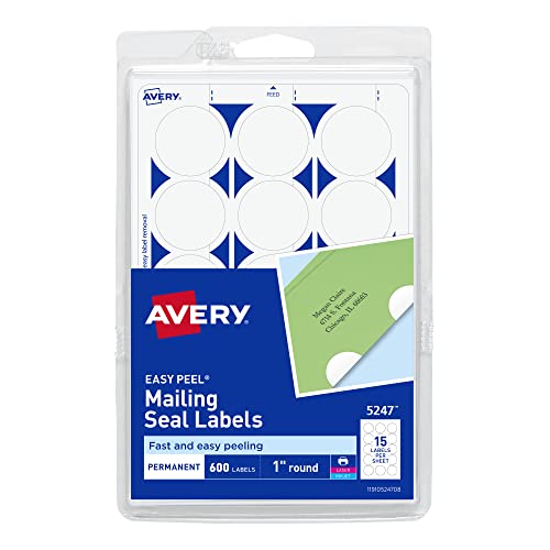 Avery Mailing Seals, 1' Round Labels, White, 600 Printable Mailing Labels (05247)