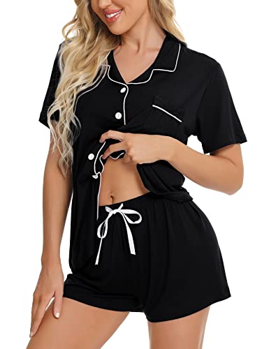 SWOMOG Womens Button Down Pajamas Set Short Sleeve Sleepwear Bride Soft Pj Lounge Sets XS-3XL Black Medium