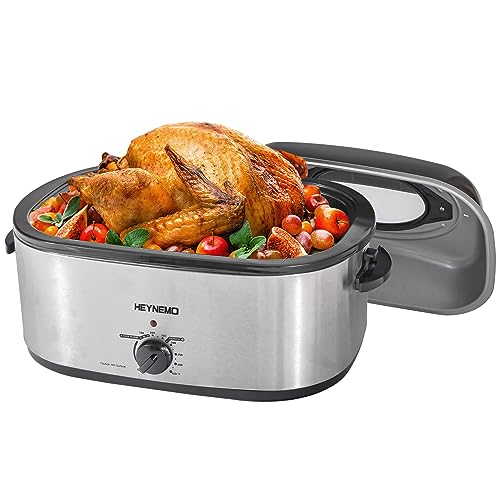 26 Quart Electric Roaster Oven with Visible & Self-Basting Lid, Large Turkey Defrost Warm Function, Adjustable Temperature, Removable Pan Rack, Stainless Steel, Silver