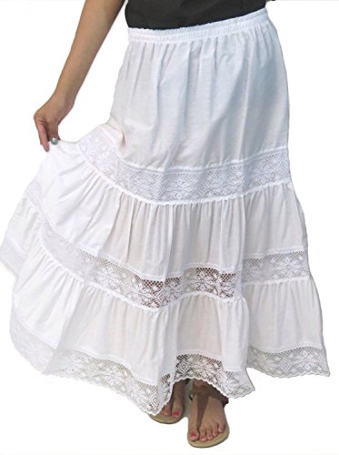 Traditional Artesenias Mexican Laced Skirts for Women, Maxi Skirts, Long Boho Skirt, Ethnic Flowy Skirt - Made in Mexico (White)