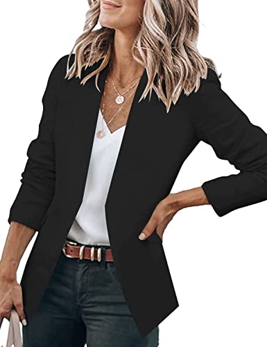 GRAPENT Women's Black Open Front Business Casual Pockets Long Sleeves Work Office Blazer Jacket Suit Cardigan Outerwear Small US 4-6