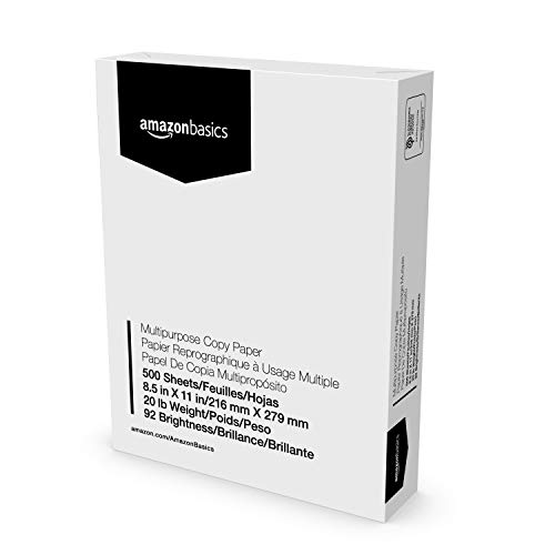Amazon Basics Multipurpose Copy Printer Paper, 8.5' x 11', 20 lb, 1 Ream, 500 Sheets, 92 Bright, White