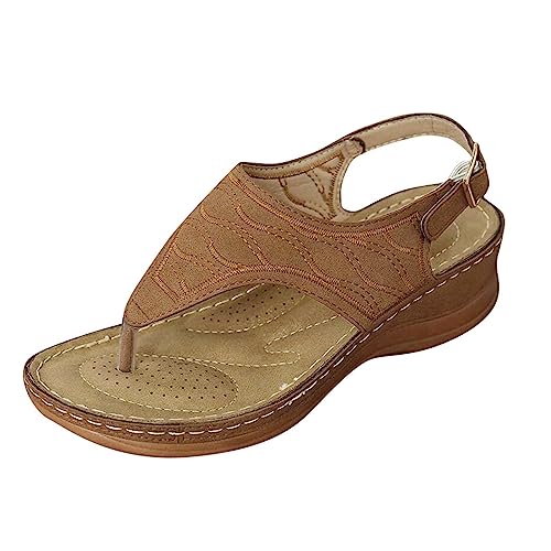 Shengsospp Women's Platform Thong Sandals With Embroidery Thick Cushion Reduces Stress on Feet,Joints & Back Post-Exercise Lightweight 03_Brown, 9.5-10