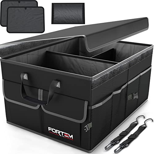 FORTEM Car Trunk Organizer, Collapsible Multi Compartment Car Organizer, Foldable SUV Storage for Car Accessories for Women Men, Non Slip Bottom, Securing Straps, Soft Cover 65L (Black, Large)