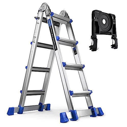 HBTower Ladder, A Frame 4 Step Extension Ladder, 17 Ft Multi Position Ladder with Removable Tool Tray and Stabilizer Bar, 300 lbs Capacity Telescoping Ladder for Household and Outdoor Work