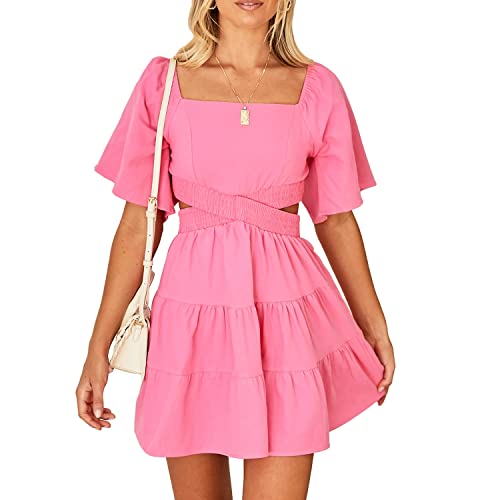 Shy Velvet Women's Summer Dress Square Neck Short Sleeves Crossover Waist Casual Party Mini Dress Pink