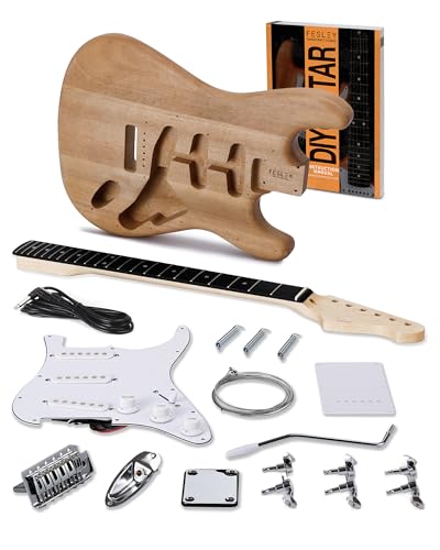 Fesley DIY Electric Guitar Kit with Poplar Body & Canadian Hard Maple Neck, Build Your Own Guitar Kit, DIY Electric Guitars with Techwood Fretboard, ST Style, 6 Strings, SSS Pickups, Natural