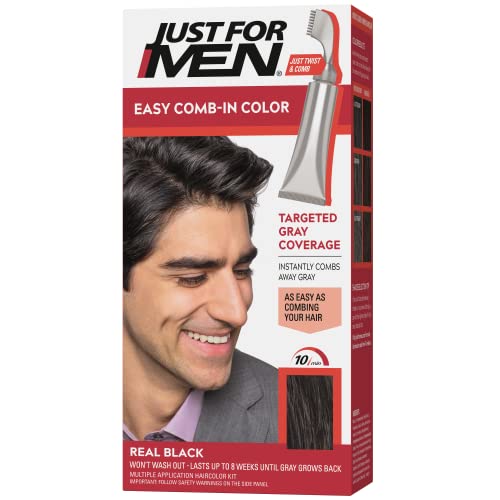Just For Men Easy Comb-In Color Mens Hair Dye, Easy No Mix Application with Comb Applicator - Real Black, A-55, Pack of 1
