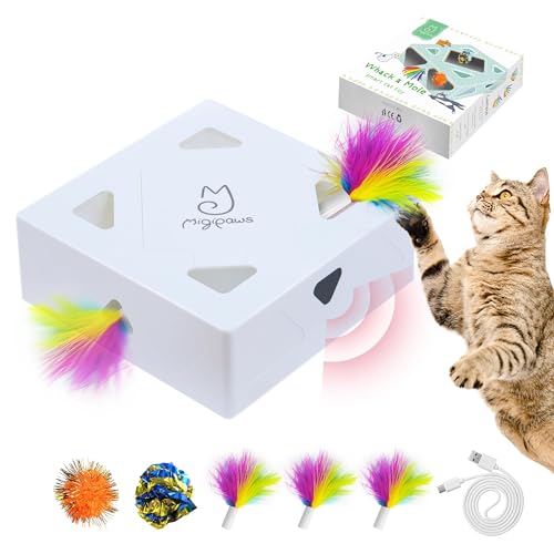 Migipaws Cat Toys, Interactive Automatic 7 Holes Mice Whack-A-Mole, Ultra Fun Smart Teaser Toy for Indoor Cats, USB Rechargeable, 4 Pieces Feather Refills…