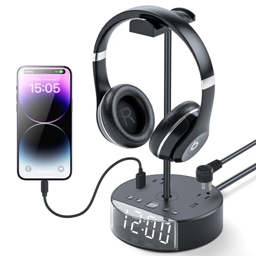 ZEAGUS Headphone Stand with Alarm Clock, Gaming Headphone Stand for Desk,Headphone Holder with 2 USB Charging Ports and 2 Power Outlets,Headset Stand Suitable for All Earphone Accessories