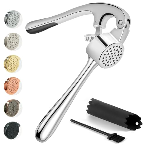 Kitessensu High Effective Premium Garlic Press Set, With Silicone Garlic Peeler & Brush, Heavy Duty Garlic Mincer, Easy to Squeeze and Clean, Rust Proof & Dishwasher Safe - Gloss Silver