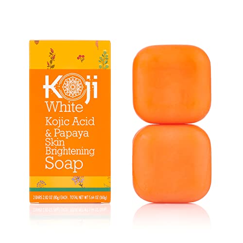 Koji White Kojic Acid & Papaya Skin Brightening Soap, Exfoliating Facial Bar, Radiant Skin, Rejuvenates, Moisturizer, Even Tone Cleansing Bar with Hyaluronic Acid, Vegan Soap, 2.82 oz (2 Bars)