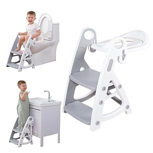 Potty Training Seat & Toddler Step Stool, Ultimate Stability Toddler Toilet Seat, Adjustable Step & Seat Height Potty Seats for Toddlers Boys Girls(Grey)