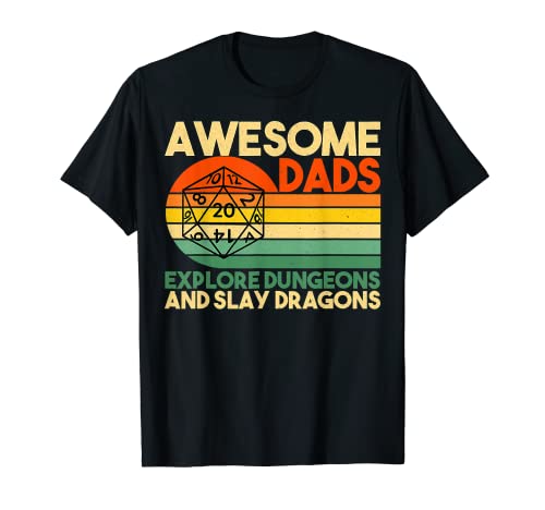Mens Awesome Dads Explore Dungeons DM RPG Dice Dragon T-Shirt