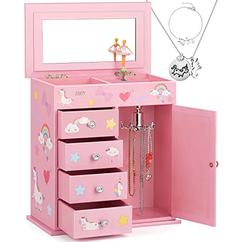 efubaby Upgrade Jewelry Box for Girls 5-Layer with Swing Door Spinning Ballerina Unicorn &Castle Design Unicorn Jewelry Set Included Kids Jewelry Box for Little Girls Birthday Christmas Gift Pink