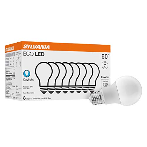 SYLVANIA ECO LED A19 Light Bulb, 60W Equivalent, Efficient 9W, 7 Year, 750 Lumens, Non-Dimmable, Frosted, 5000K, Daylight - 8 Count (Pack of 1) (40883)