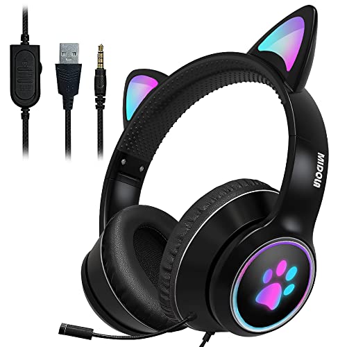 MIDOLA Gaming Wired AUX 3.5mm Cat Ear Headphone Over Ear LED Light Fit Adult & Kids Girl Boy Foldable Stereo Headset Earmuffs with Mic for PC PS4 Game Cellphone Laptop Pad Black