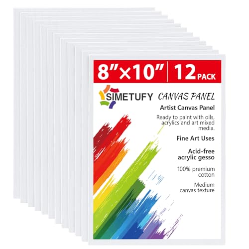 Simetufy Canvas Boards for Painting 12 Pack,8 x 10 Inch Painting Canvas Panels, Blank Canvas for Painting- Gesso Primed Acid-Free 100% Cotton for Acrylics Oil Watercolor Tempera Paints