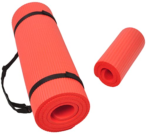 Signature Fitness All Purpose 1/2-Inch Extra Thick High Density Anti-Tear Exercise Yoga Mat and Knee Pad with Carrying Strap, Red