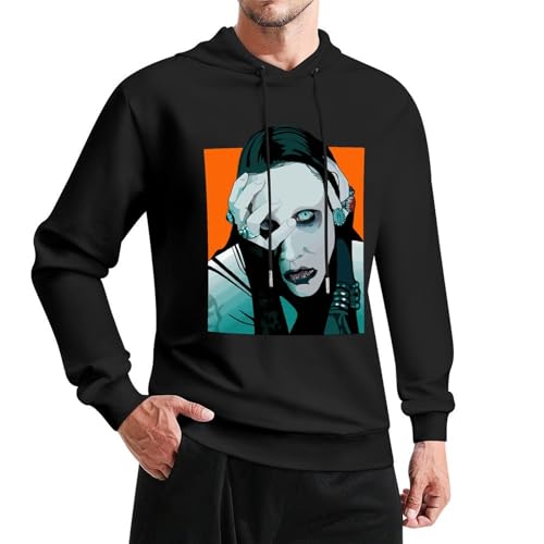 OUISDBHDS Men's Long Sleeve Tops, Marilyn American Music Manson Hooded Sweatshirt, Thick Fleece Hooded Sweat T Shirts, Drawstring Pullover Hoodie Clothes for Youth XL Black