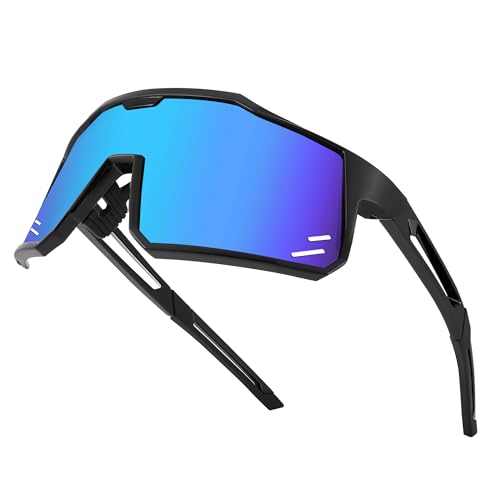 FEISEDY Sports Sunglasses Wraparound 80s Visor Men Women Outdoor Shield Baseball Sunglasses B4125 (Black Frame/Blue Mirror)