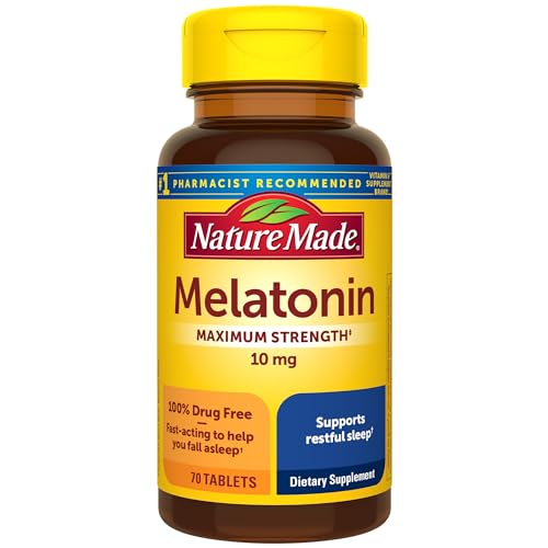 Nature Made Melatonin 10mg Maximum Strength Tablets, 100% Drug Free Sleep Aid for Adults, 70 Count, 70 Day Supply