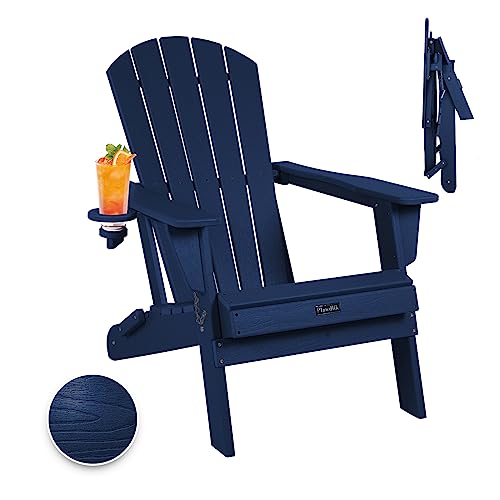 Plawdlik Folding Adirondack Chair, SGS Tested, Wooden Textured with Cup Holder, Heavy All-Weather HDPE Comfortable Set Poolside Backyard Lawn Navy Blue