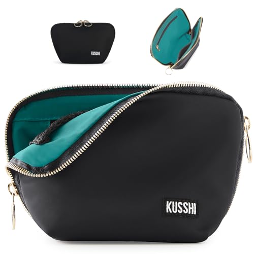 KUSSHI Washable Travel Makeup & Cosmetic Bag (Everyday, Satin Black/Emerald Green)