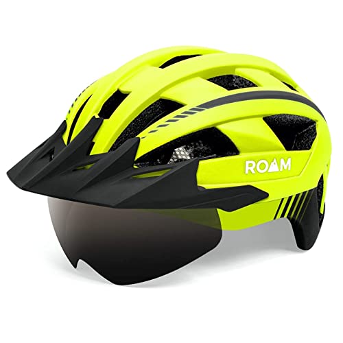 Roam Road Bike Helmet - Durable Helmets for Adults with Sun Visor, LED Light and Detachable Magnetic Goggles - Adjustable Size - Mountain Bicycle Helmet for Adult Men & Women﻿