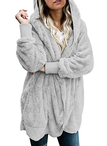 Dokotoo Grey Small Soft Fuzzy Fluffy Sherpa Faux Fur Open Front Long Sleeve Coat for Women