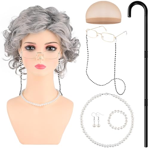 Kavoc Old Lady Costume for Kids, Granny Wig Old People Walking Cane, Glasses,Faux Pearl Bead Necklace Grandma Costume for 100 Days School Costume Supplies