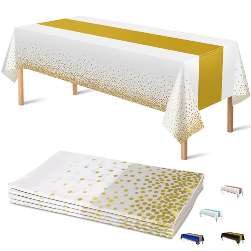 OHOME 4 Pack Disposable Plastic Table Cloths for Parties,White and Gold Rectangle Table Covers for Wedding Bridal Shower Birthday | Baptism Decorations,Engagement Party Decorations 54' x 108'