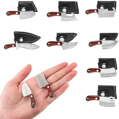 8 Pcs Mini Knifes Damascus Pocket Knife Set Tiny Chef Knife Mini Box Cutter Keychain Butcher Cleaver Stainless Steel with Bottle Opener Sheath Chain for Package Opener Box Cutter