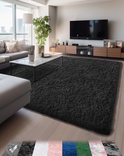 Ophanie Machine Washable 5 x 8 Rugs for Living Room, Classic Black,Large Fluffy Fuzzy Plush Shag Comfy Soft,Non-Slip Indoor Floor Carpet,for Kids Boys Girls，Room,Bedroom,Playroom，Home Decor Aesthetic