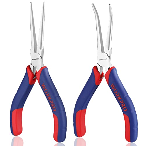 WORKPRO 2-Piece 6' Mini Needle Nose Pliers Set, Long Nose Pliers, Bent Nose Pliers with Comfort Grip Handles, For Wire Wrapping, Handmade Craft