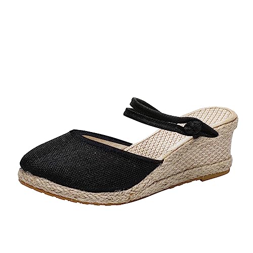 Shengsospp Women's Platform Espadrilles Wedge Sandals Solid Weave Round Toe Breathable Comfortable Sandals Summer Casual Shoes 04_Black, 8