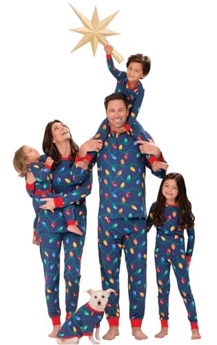 PajamaGram Matching Christmas PJs for Family, Christmas Lights, Womens M / 8-10 Blue