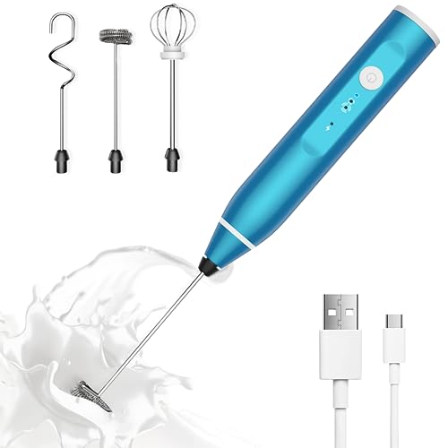 Milk Frother Rechargeable Handheld Electric Whisk Coffee Frother Mixer with 3 Stainless whisks 3 Speed Adjustable Foam Maker Blender for Coffee Matcha Latte Cappuccino Hot Chocolate(Blue)