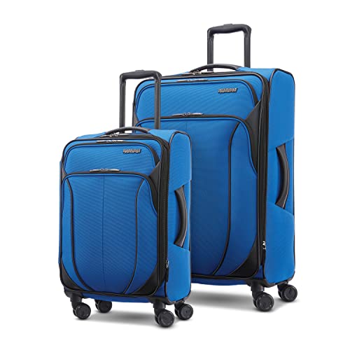 American Tourister 4 KIX 2.0 Softside Expandable Luggage with Spinners, Classic Blue, 2PC SET (Carry-on/Medium)