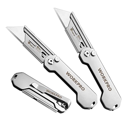 WORKPRO 3-Pack Folding Utility Knife, Quick Change Blades Box Cutter, EDC Foldable Pocket Utility Knife Sets with Belt Clip