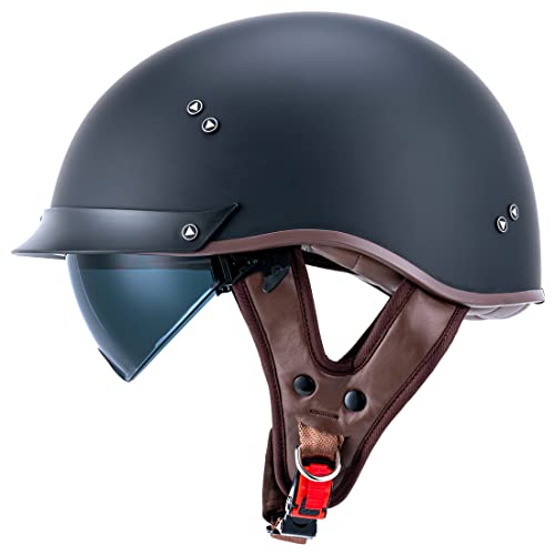 Half Motorcycle Helmets Open Face Sun Visor Quick Release Buckle DOT Approved Cruiser Pilot Helmets for Adults Men Women(Matte Black,M)