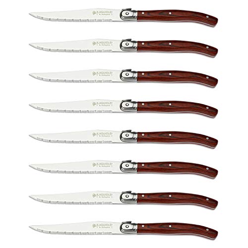 Laguiole by Hailingshan Steak knives Serrated Edge Sharp Light Premium Dishwasher Safe Stainless Steel knife set of 8 wood handle with Gift Box 