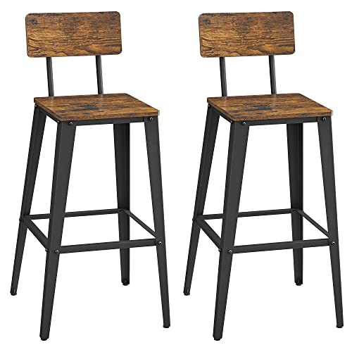 VASAGLE Set of 2 Bar Stools, Bar Height Stools, Tall Bar Stools with Back, Bar Chairs, Steel Frame, Industrial Style, Easy Assembly, Rustic Brown and Black ULBC078B01