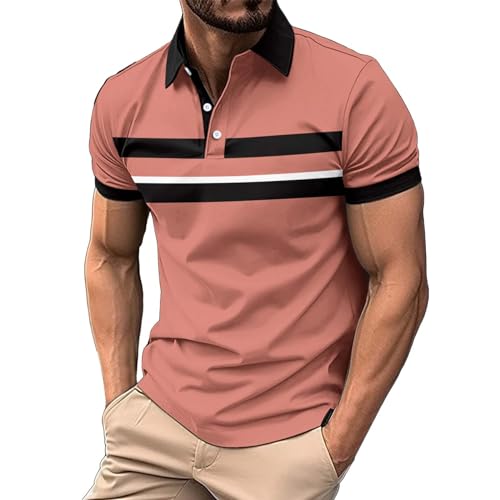 JIMENEZ Men's Golf Polo Shirts with Pocket Short Sleeve Dry Fit Moisture Wicking Casual Dress Collared T Shirts(Pink,Large)