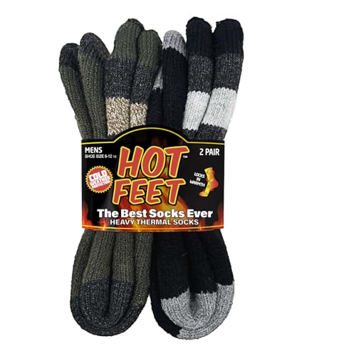 HOT FEET Thermal Socks for Men 2/4 Pack, Extreme Cold Boots Socks -Winter Insulated Socks, Cold Weather Size 6-12, 2 Pack, Black/Green