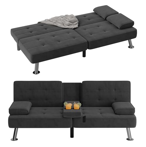YESHOMY Modern Linen Upholstered Convertible Folding Futon Sofa Bed w/Removable Armrests, Metal Legs, 2 Cup Holders for Living Room, Black