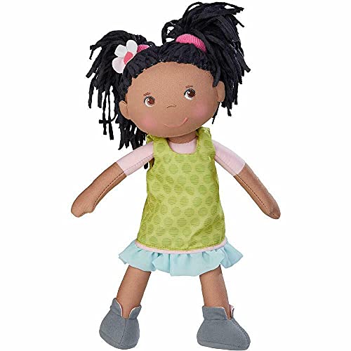 HABA Cari 12' Soft Doll - Machine Washable with Green Dress, Embroidered Face, Brown Eyes and Black Pigtails