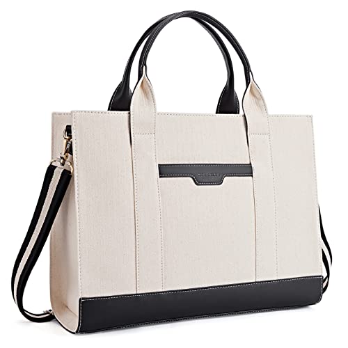 Missnine Tote Bag Canvas Laptop Bag 15.6 inch Briefcase for Women Large Capacity Handbag for Office, College, Travel (Black+Beige)