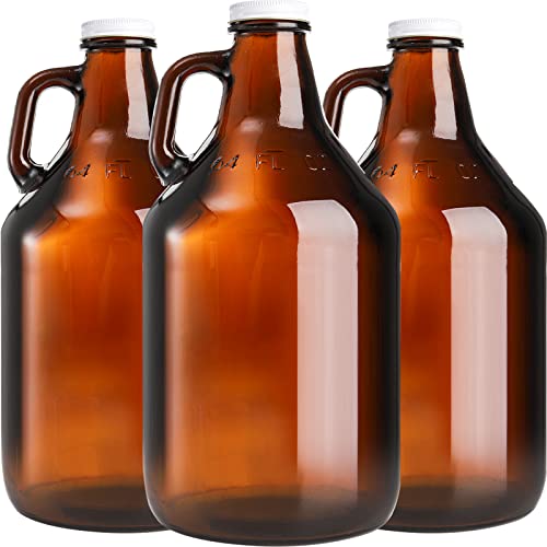 ZEAYEA 3 Pack Glass Growler Jug, 64 oz Amber Half Gallon Jug Set with Lids and Handle Great for Beer, Home Brewing, Kombucha, Distilled Water