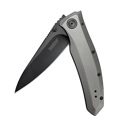 Kershaw Grid Pocketknife, 3.7' 8Cr13MoV Steel Drop Point Plain Edge Blade, Assisted One-Handed Flipper or Thumb Stud Opening, Frame Lock EDC,Grey/Black